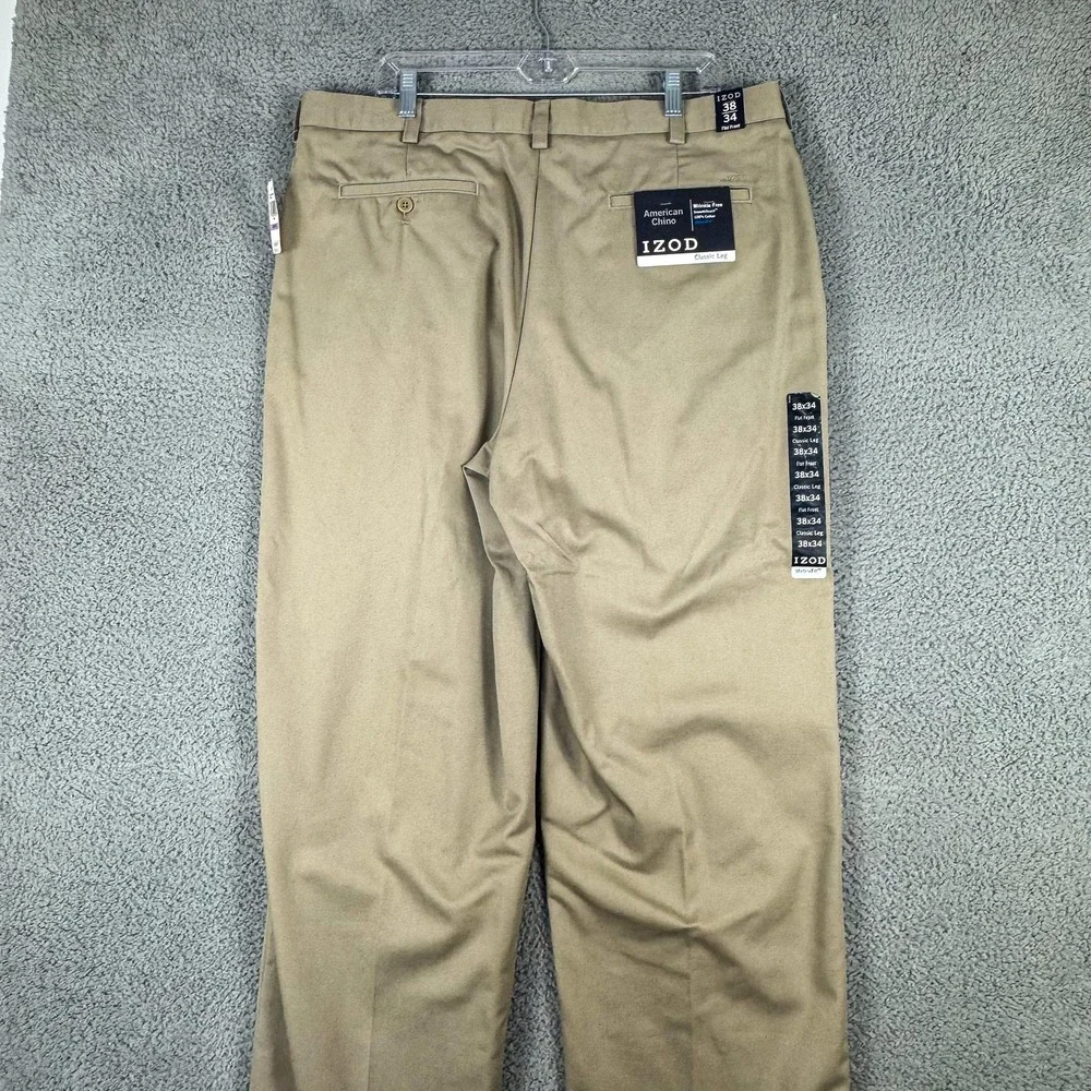 IZOD American Chino Pants Mens 38x34 Khaki Wrinkle Free‎ Classic Leg Flat Front